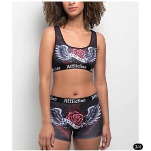 Affliction Ion Sports Bra and Boy Short Set Size S Red Rose Wings Live Fast NEW